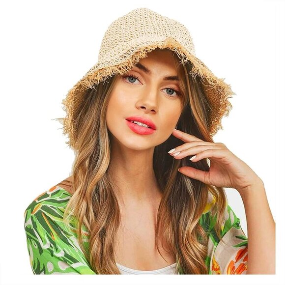 Accessories - Womens Straw Hat Beach Sun Hat Frayed Crochet Foldable Straw Bucket Hat Summer F